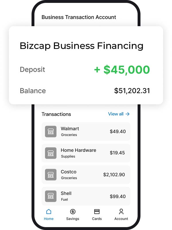 Mobile mockup showing a $45,000 deposit for Bizcap business financing and revenue based financing transactions.